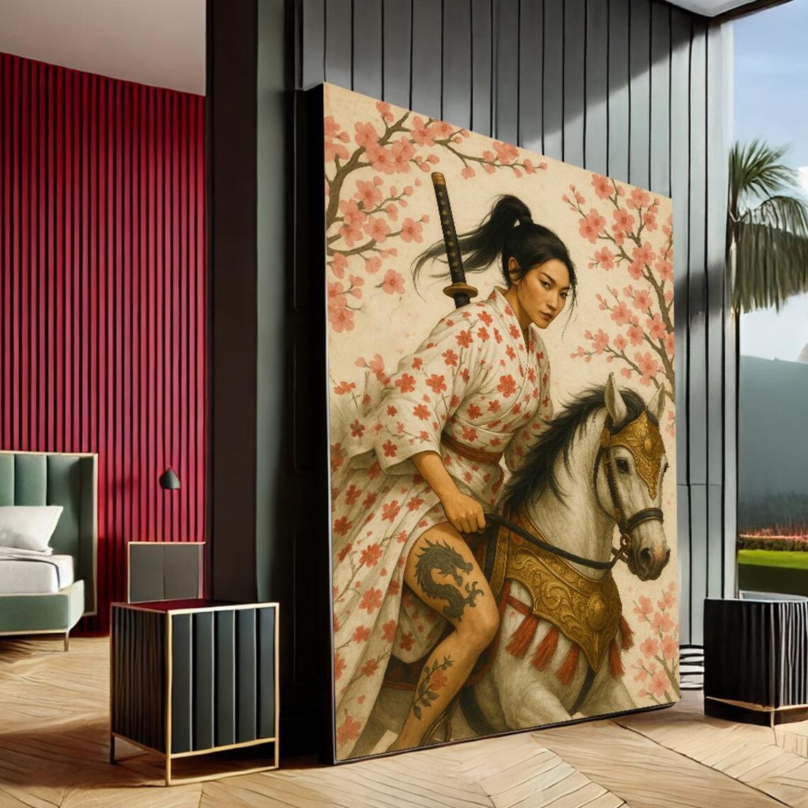 Samurai Woman on Horseback Cherry Blossom Japanese Art Print