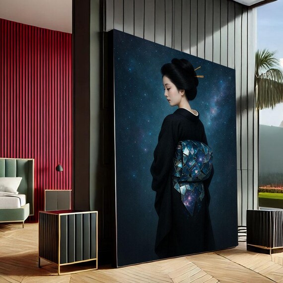 Japanese Geisha Starry Night Sky Galaxy Obi Portrait Wall Art