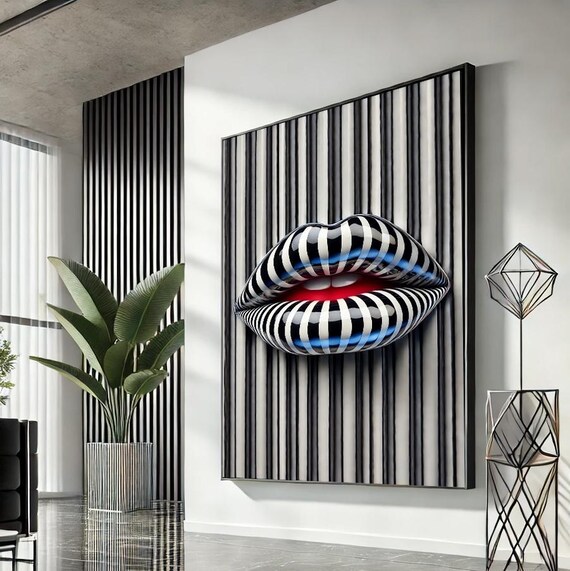Optical Illusion 3D Lips Striped Black White Modern Pop Art Poster