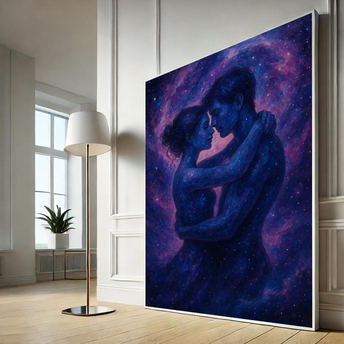 Cosmic Lovers Embrace Purple Galaxy Stars Romantic Fantasy Art Poster