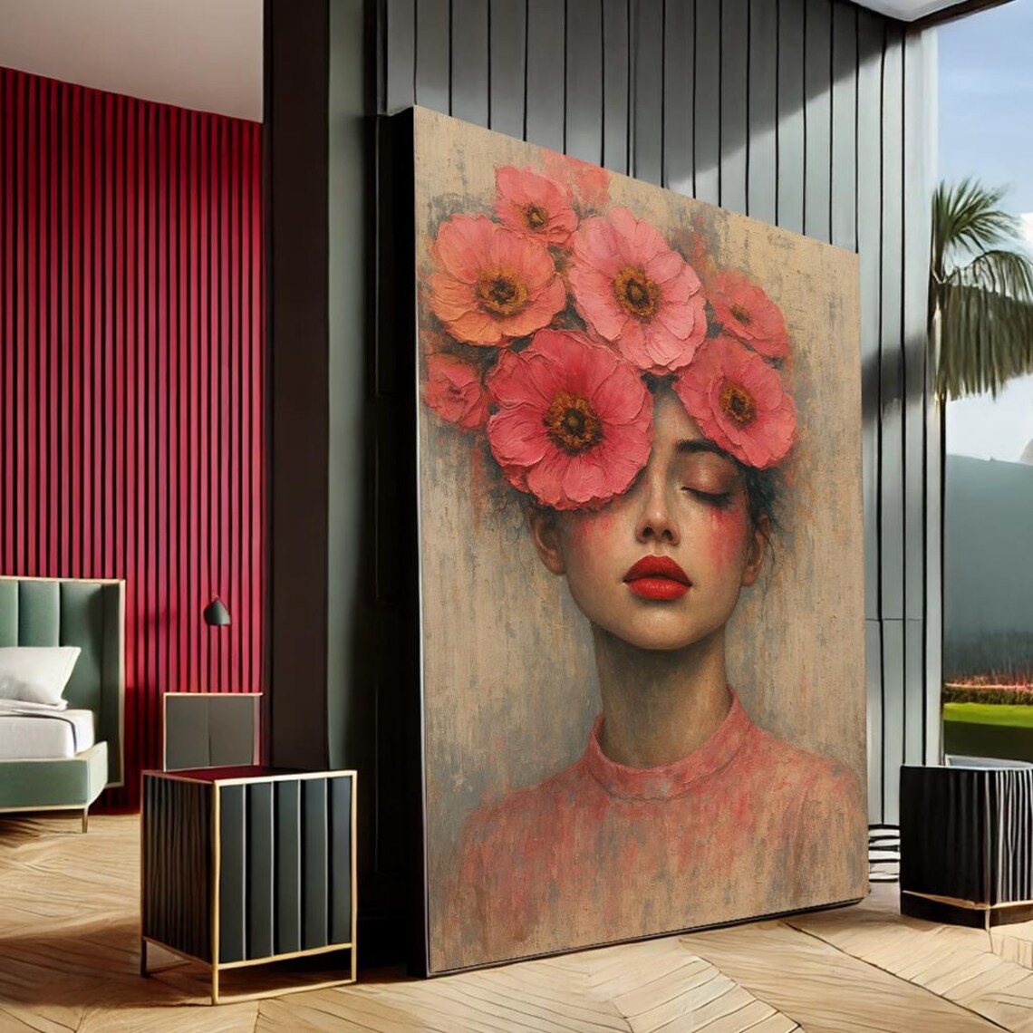 Elegant Woman Pink Floral Portrait Modern Canvas Oil Painting Print