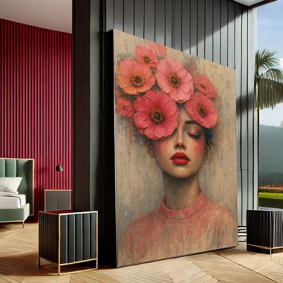 Elegant Floral Woman Portrait Canvas Wall Art Print Pink Coral Bedroom Decor Statement Piece