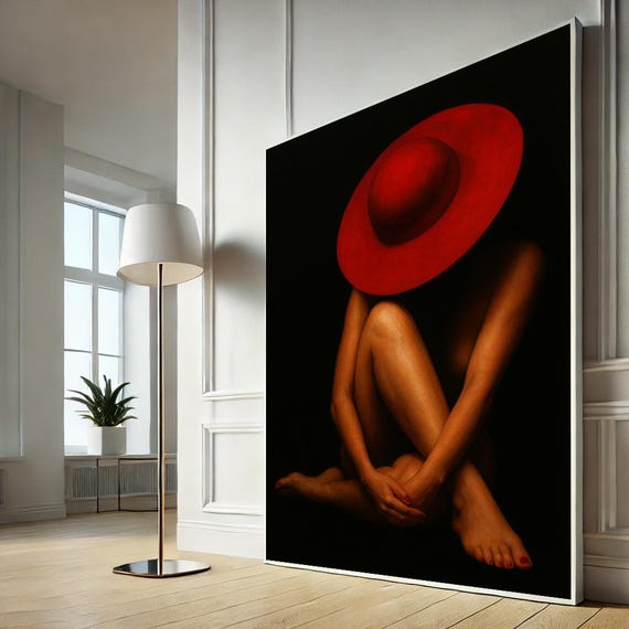 Red Hat Woman Minimalist Canvas Wall Art Print Sensual Female Silhouette Elegant Nude Decor Home