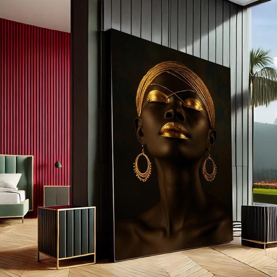 Elegant Woman Modern Art Canvas Wall Print Black Gold Bedroom Decor Statement Piece