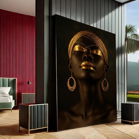 Golden Elegant Black Woman Portrait Luxury Black Gold Wall Art