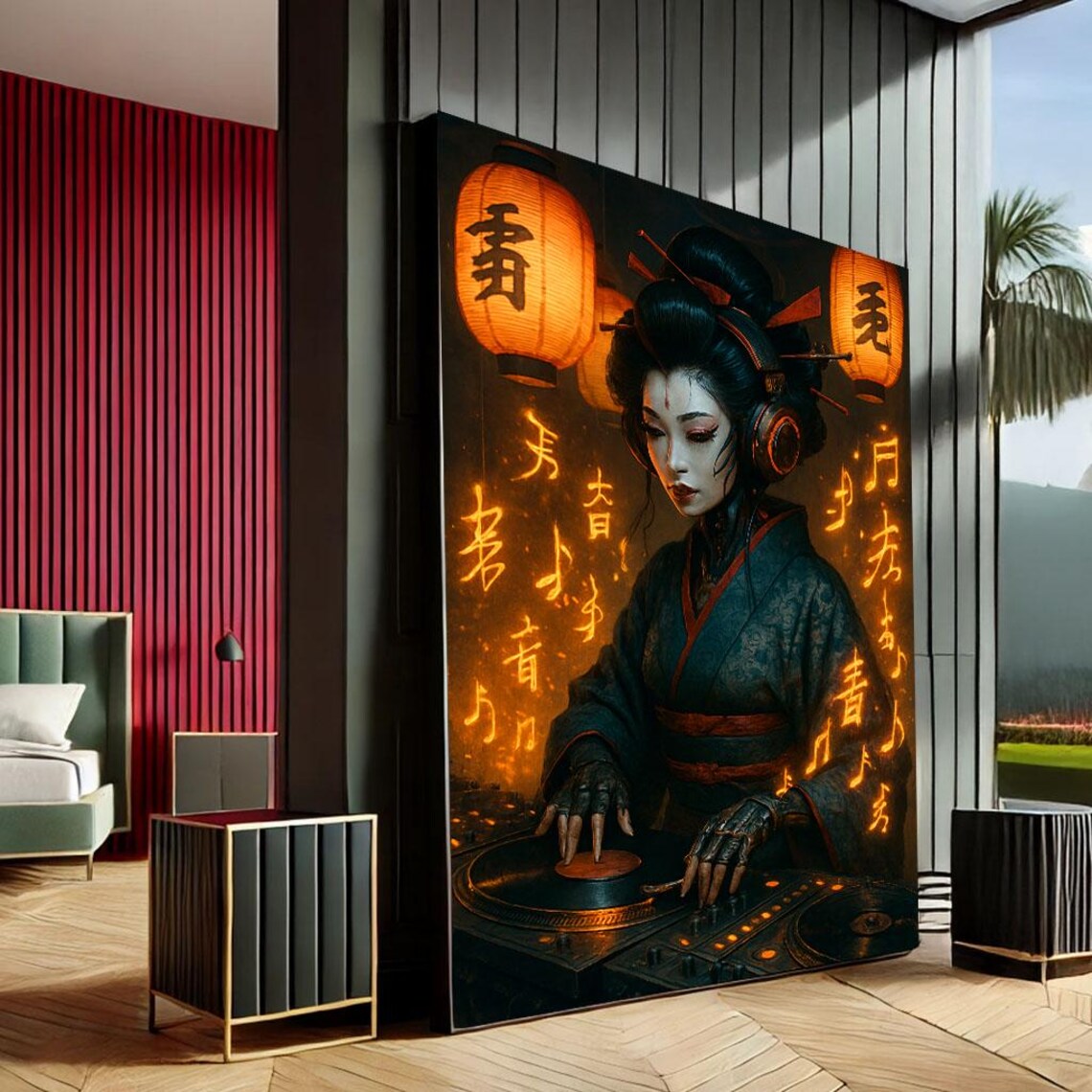 Cyberpunk Geisha DJ Turntable Neon Lantern Japanese Poster Art