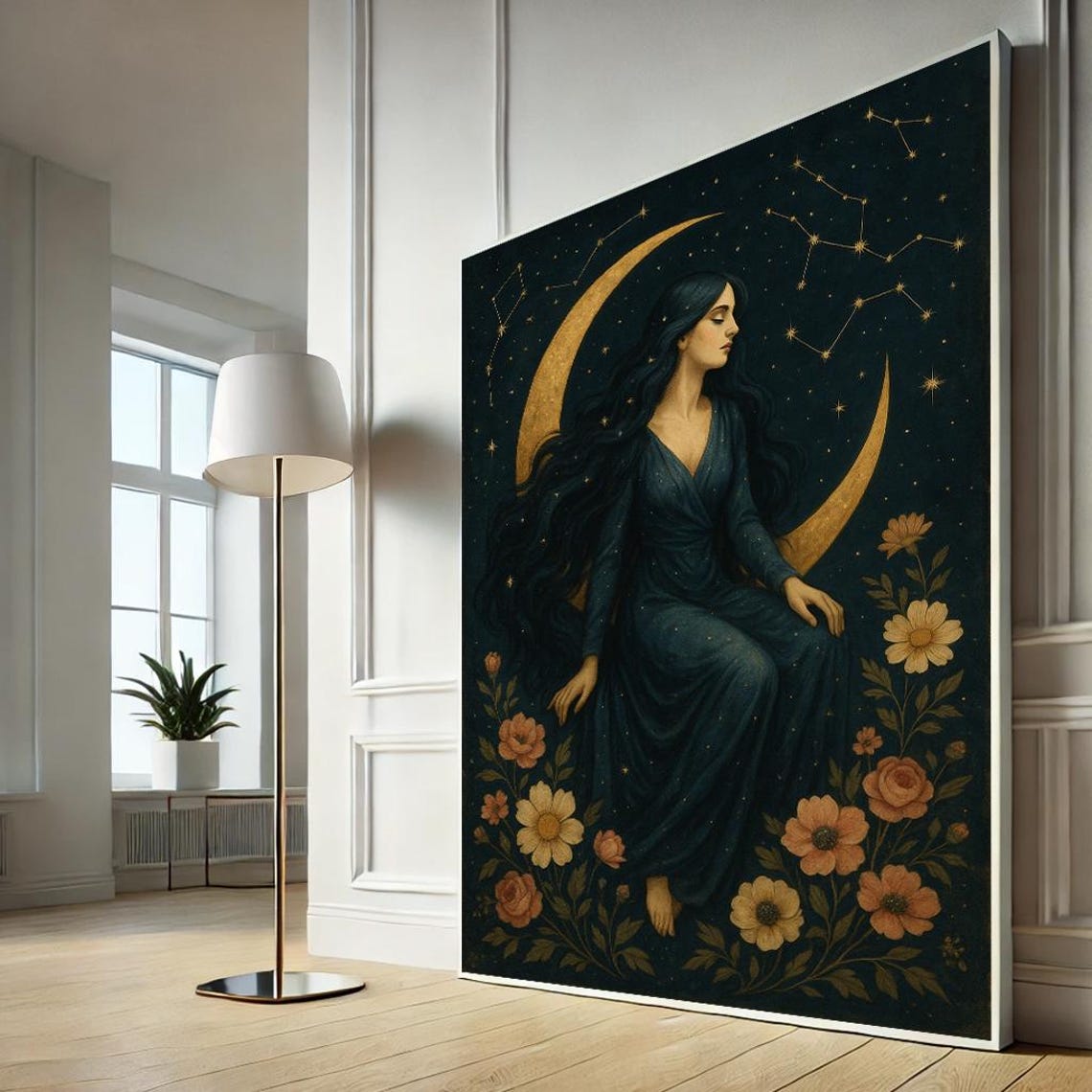 Celestial Moon Goddess Canvas Wall Art Print Boho Mystic Woman Star Constellation Home Decor