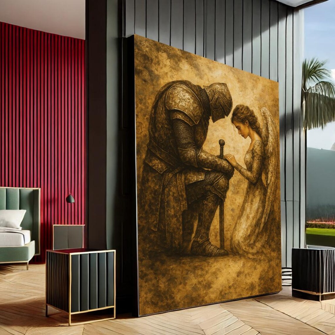 Knight and Angel Renaissance Gold Tone Fantasy Painting Poster