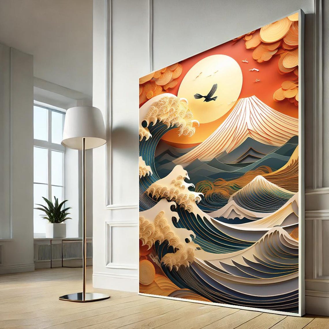 Hokusai Great Wave Paper Cut Orange Sunset Bird Mount Fuji Print