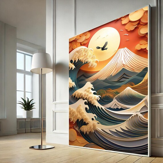 Hokusai Great Wave Paper Cut Orange Sunset Bird Mount Fuji Print