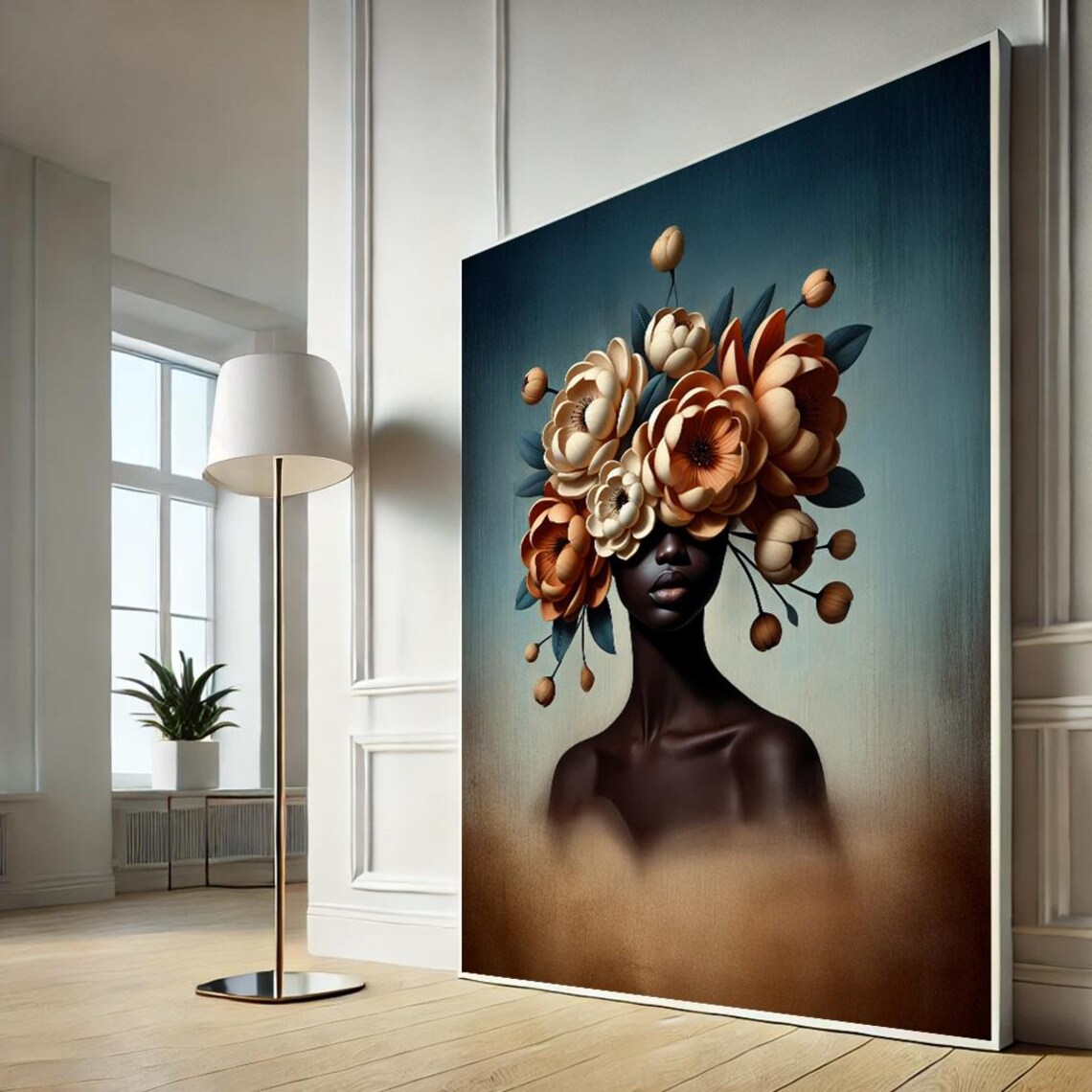 Woman Floral Headpiece Portrait Bold Blooms Modern Canvas Art Poster