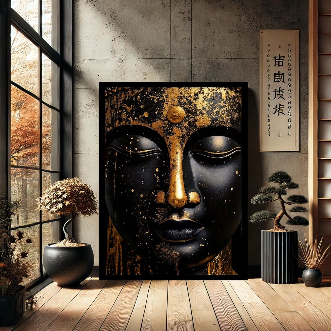 Dramatic Black And Gold Buddha Face Zen Meditation Art Poster