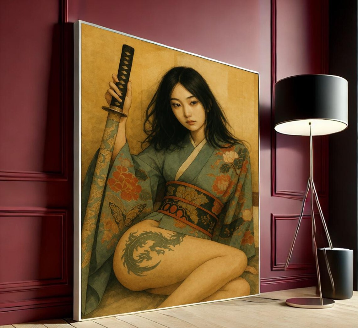 Japanese Samurai Woman Kimono Sword Red Sun Vintage Style Art Poster