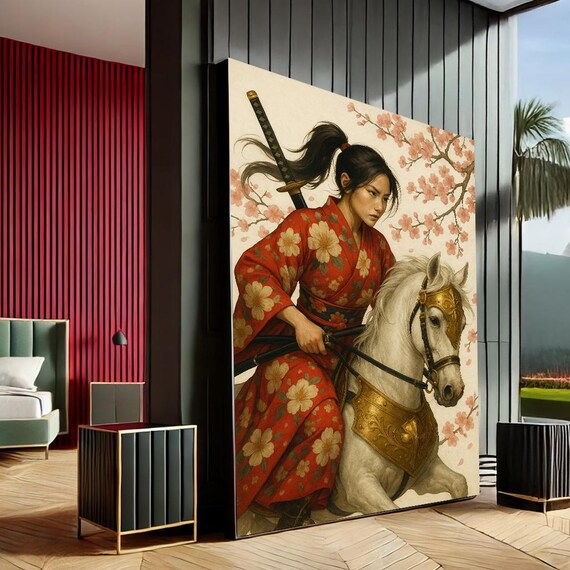 Japanese Samurai Woman on Horse with Sword Cherry Blossom Art Print