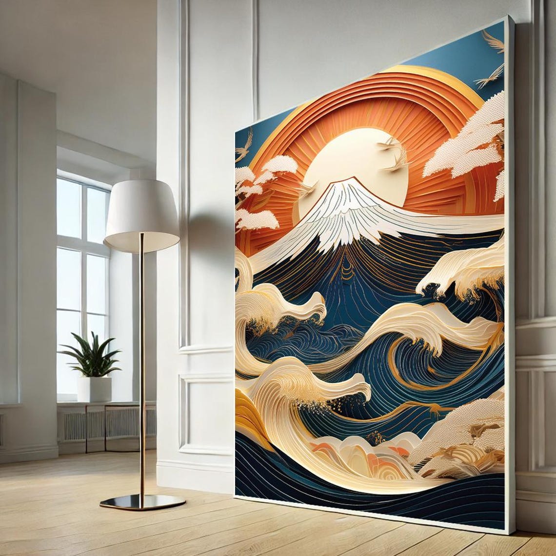 Quilled Paper Great Wave Mount Fuji Sunrise Ocean Waves Art Poster