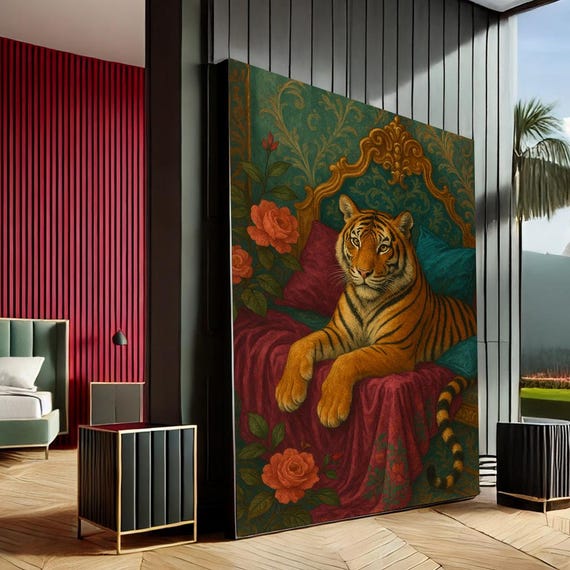 Luxurious Tiger Portrait Baroque Canvas Wall Art Print Rich Green Red Living Room Decor Statement Piece