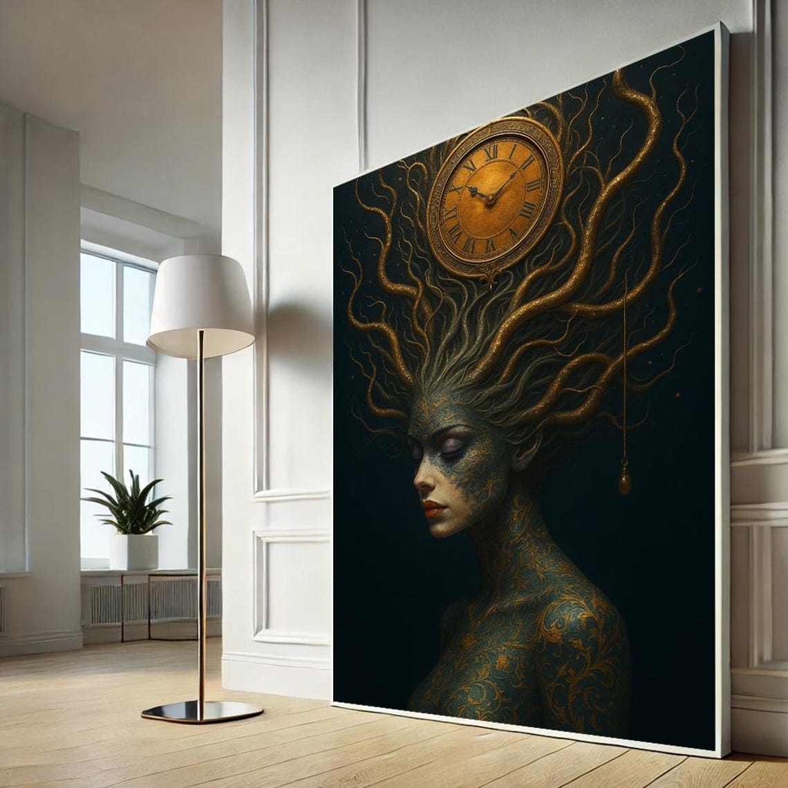 Surreal Woman Clock Golden Vines Dreamy Ethereal Art Portrait Poster