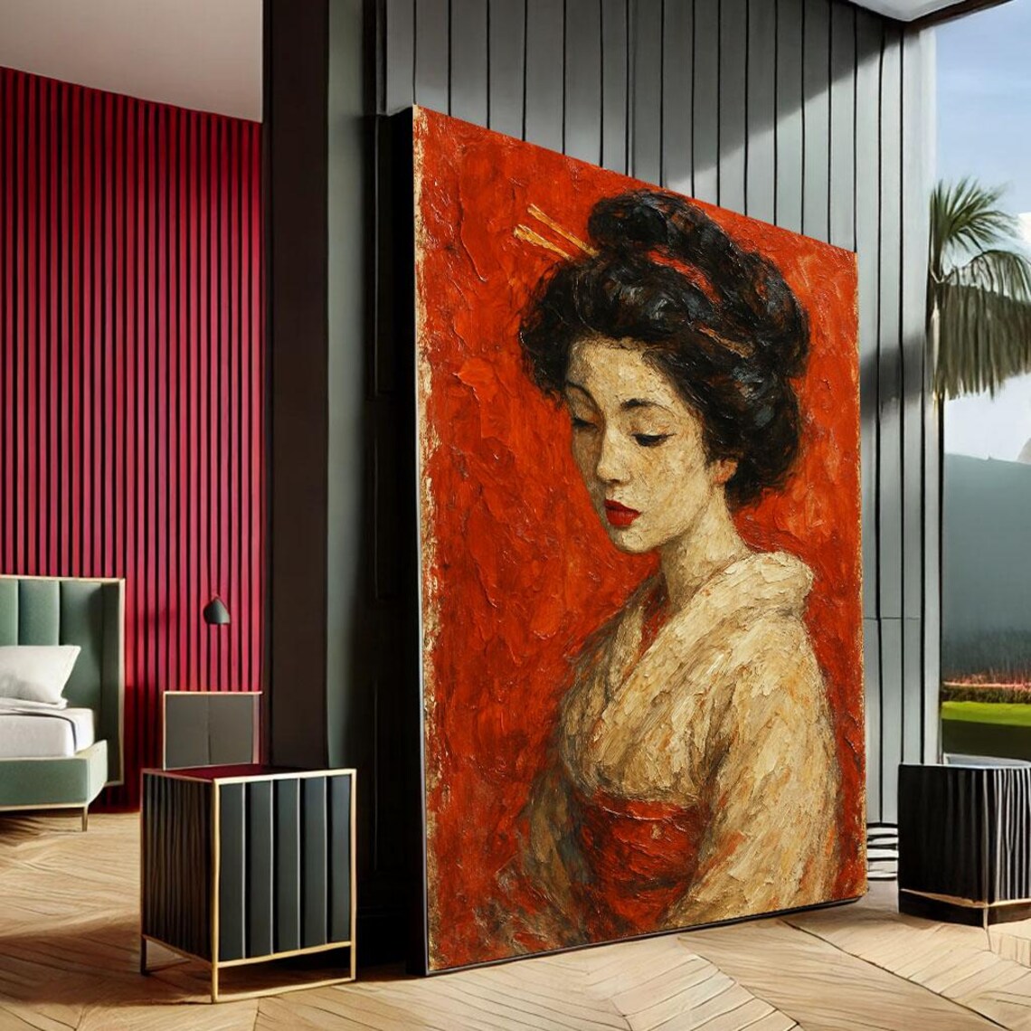 Elegant Red Geisha Portrait Impasto Oil Painting Japanese Art Print