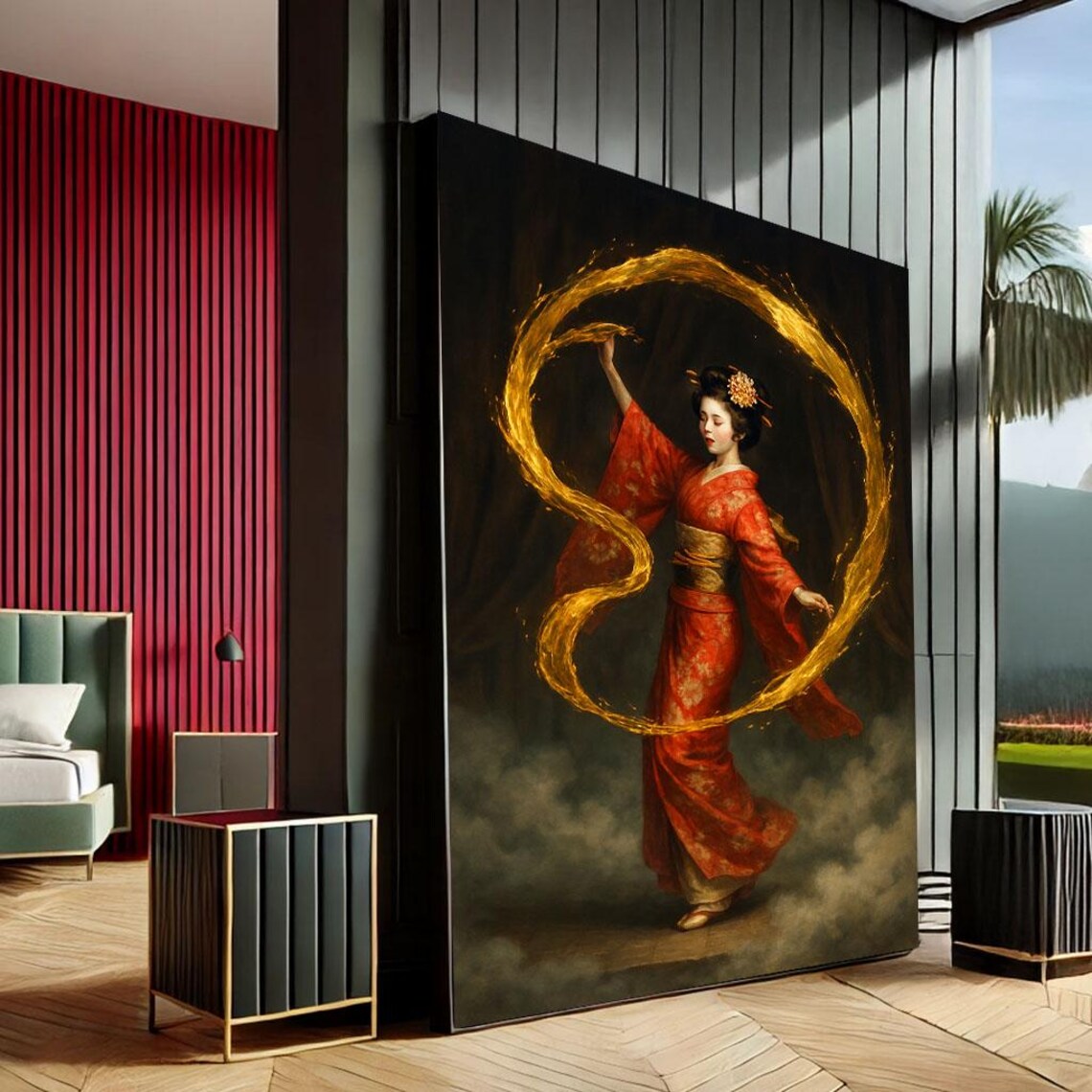 Geisha Red Kimono Golden Fire Dance Dramatic Japanese Poster Art