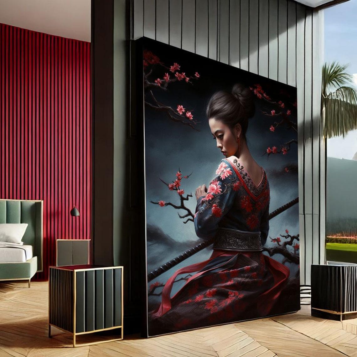 Samurai Woman Floral Kimono Cherry Blossom Warrior Art Poster