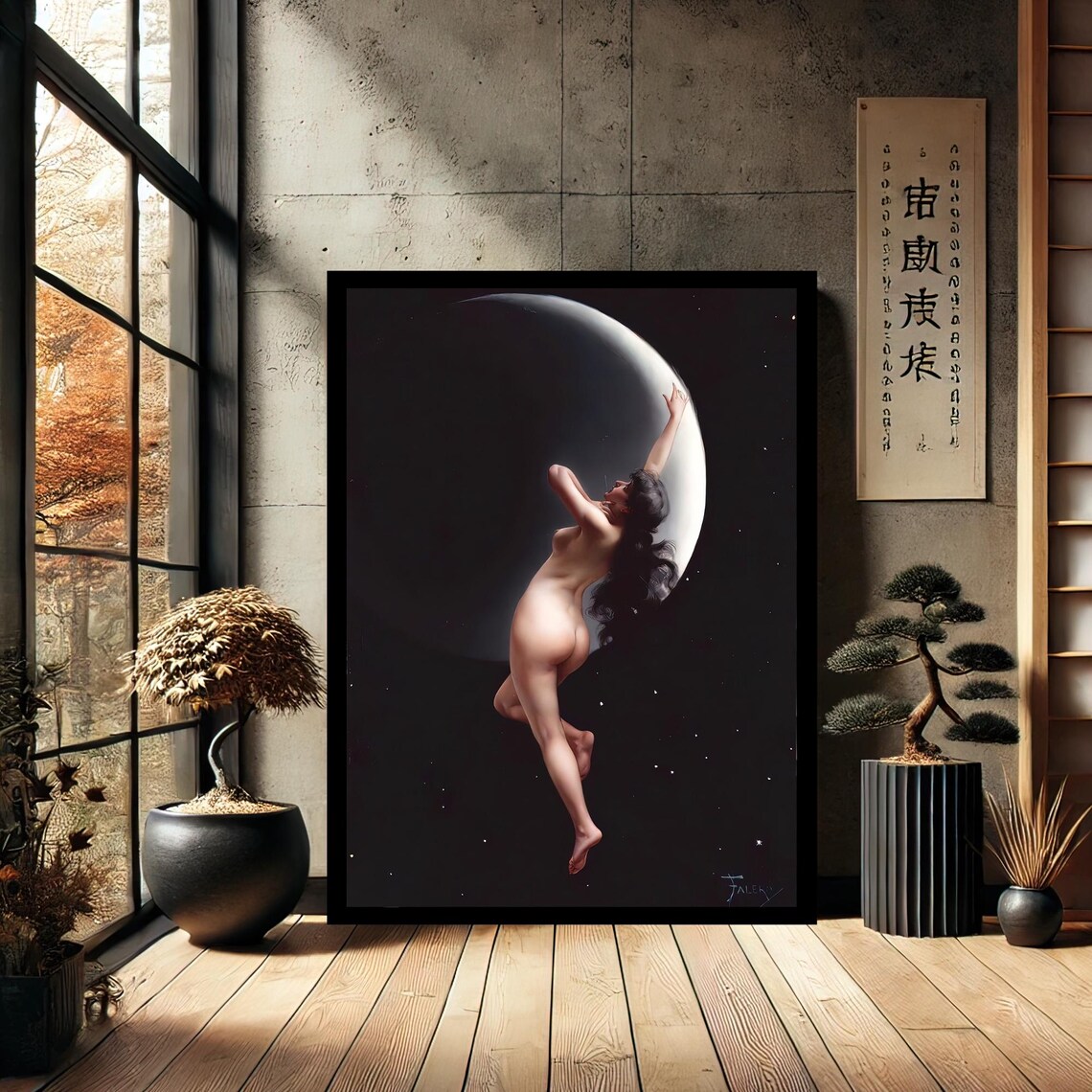 Luis Ricardo Falero Moon Nymph Woman Reaching for Crescent Moon Art Print