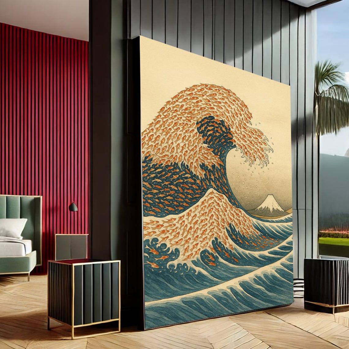 Great Wave Japanese Fish Ocean Mount Fuji Hokusai Style Wall Art