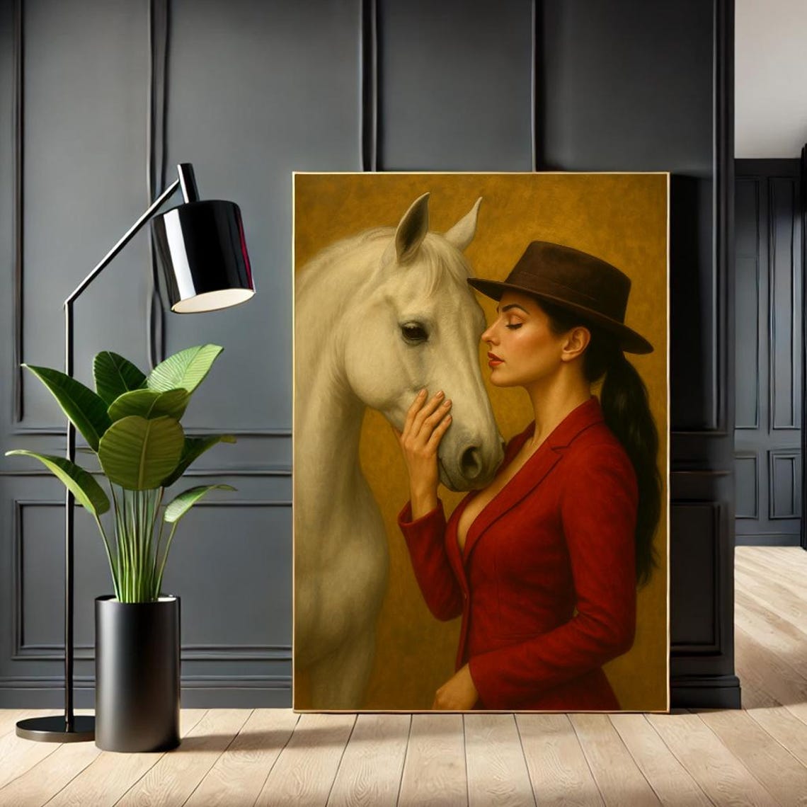 Elegant Woman White Horse Golden Equestrian Art Portrait Poster