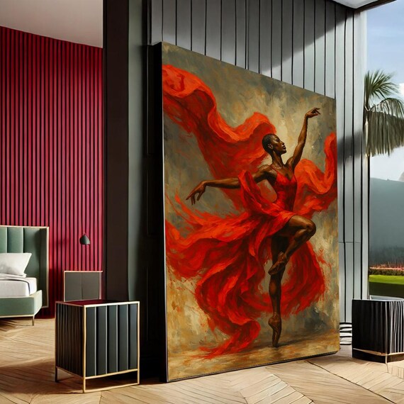 Elegant Ballerina Modern Canvas Wall Art Print Red Gray Living Room Decor Statement Piece