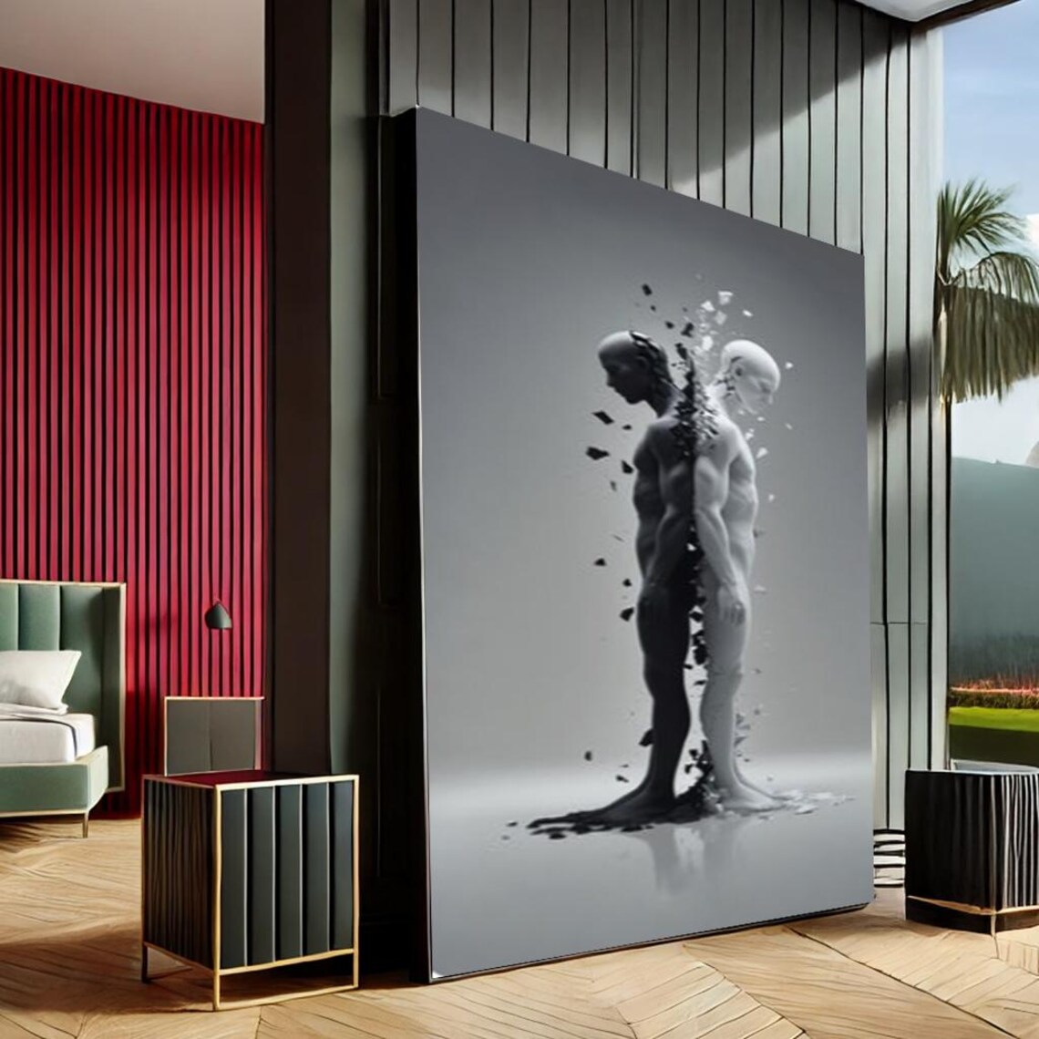 Dual Human Figure Splitting Apart Black White Modern Abstract Art Poster