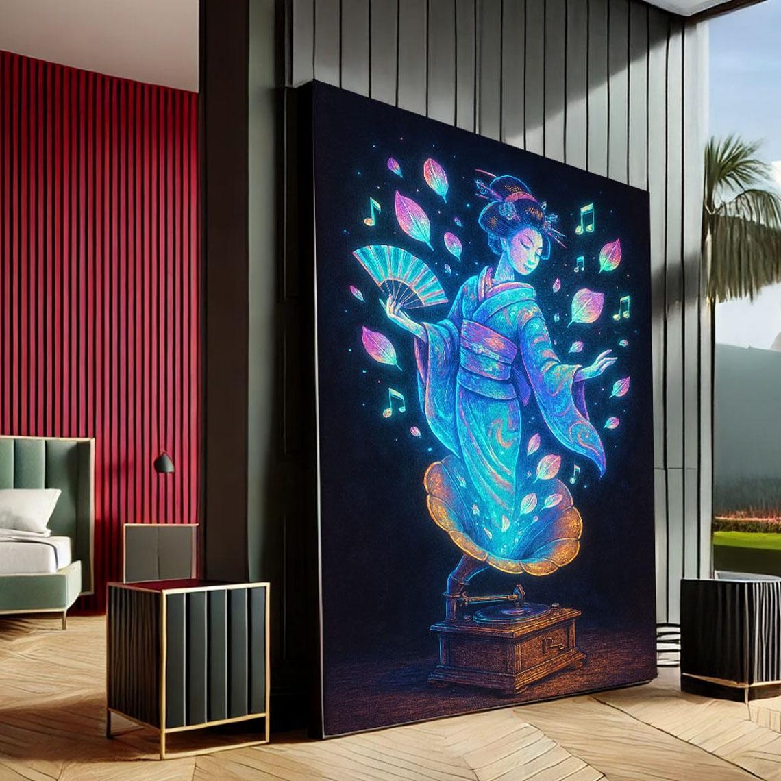 Neon Geisha Rising From Gramophone With Musical Petals Art Print