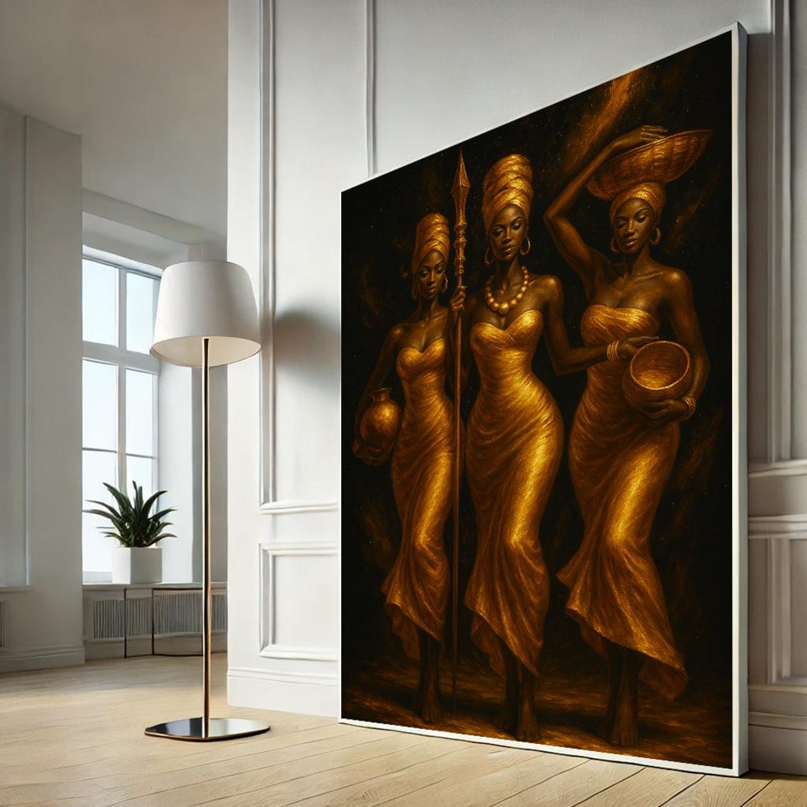 Golden African Women Canvas Wall Art with Elegant Glowing Style