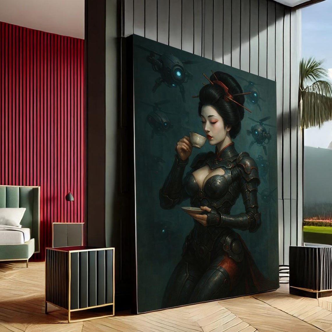 Geisha Warrior Drinking Tea Cyberpunk Sci Fi Fantasy Art Poster