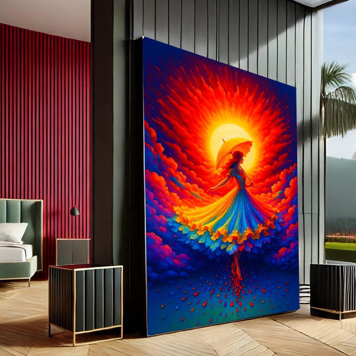 Woman with Umbrella Dancing Under Vibrant Sunset Sky Abstract Poster