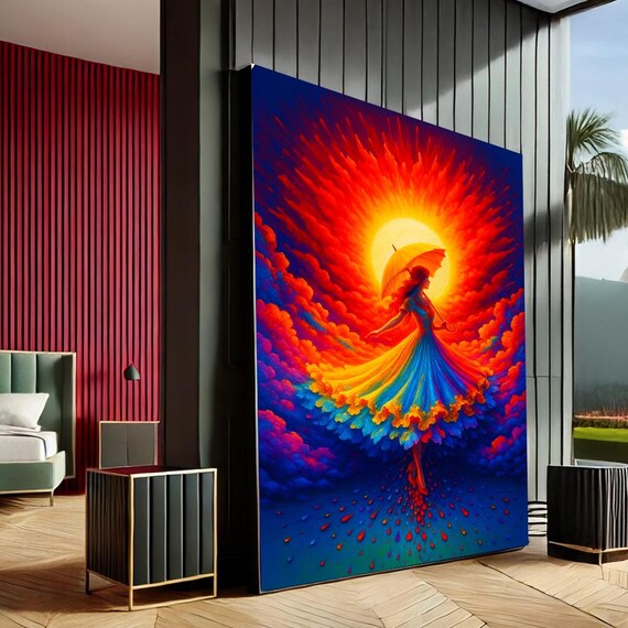 Vibrant Umbrella Dancer Modern Abstract Canvas Wall Art Print Red Yellow Living Room Decor Statement Piece