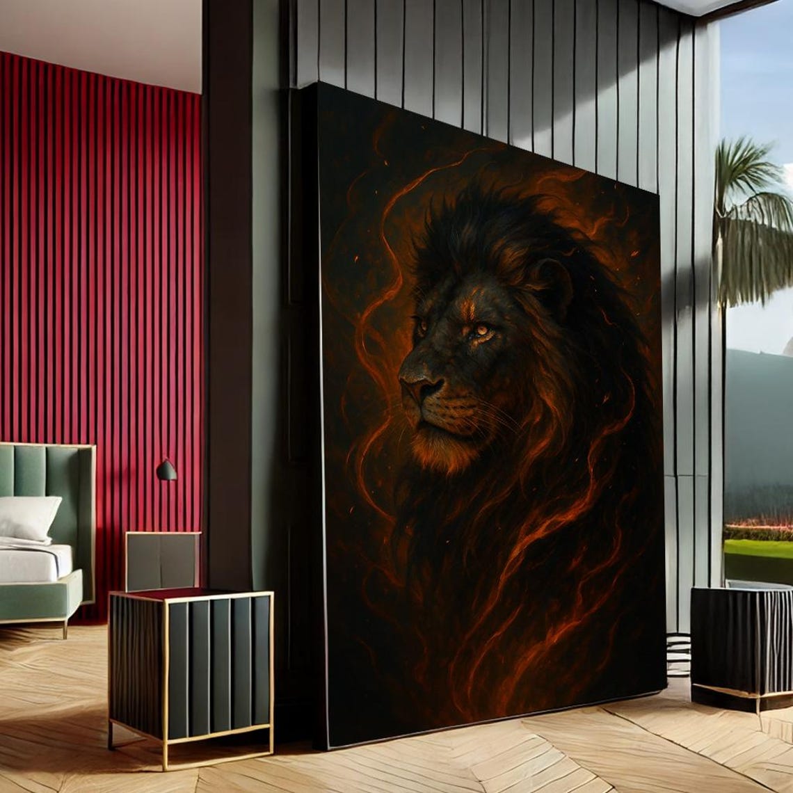 Majestic Black Lion Fiery Mane Dark Dramatic Wildlife Art Poster