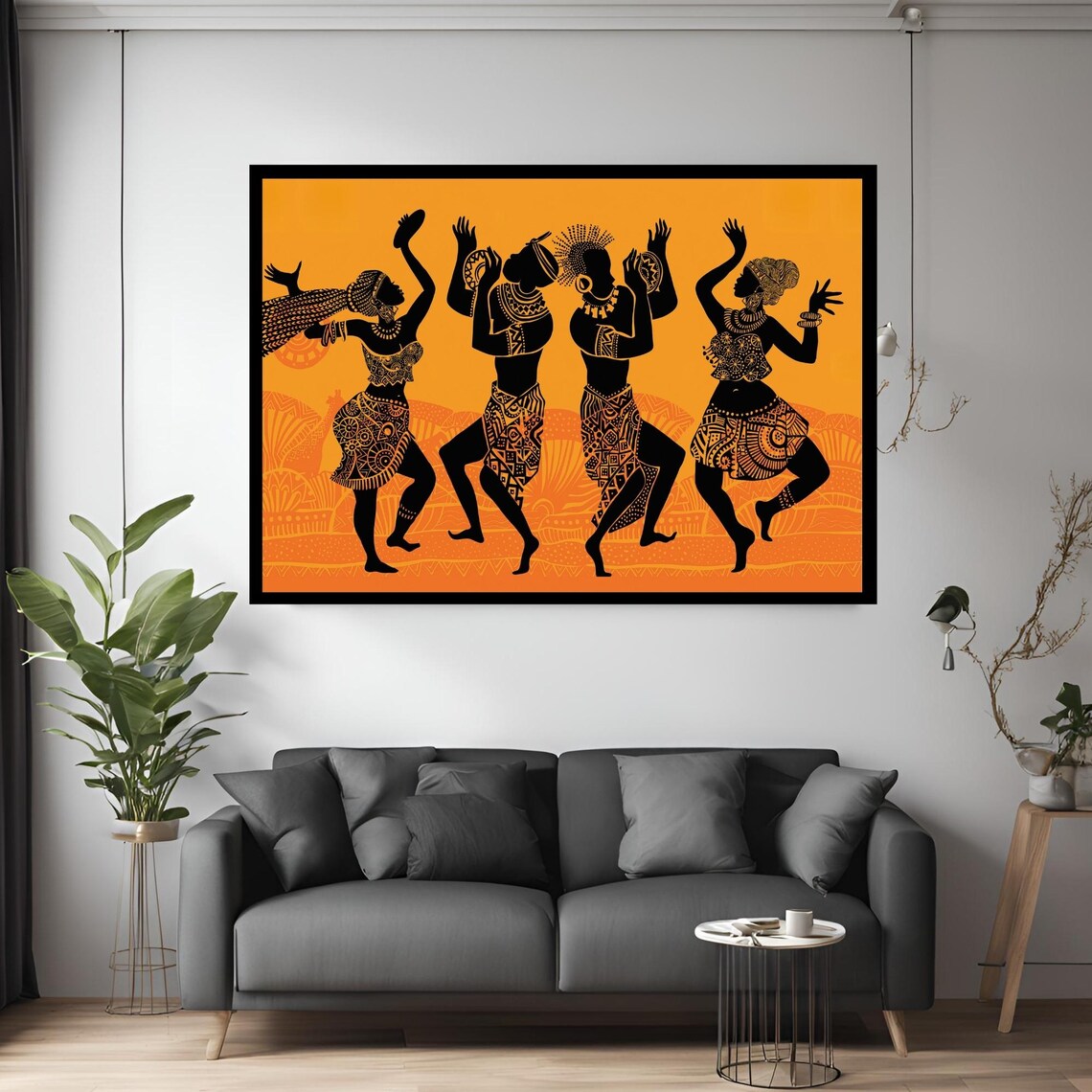 African Dancers Silhouette Orange Tribal Dance Celebration Wall Art
