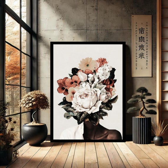 Black African Woman Flower Beautiful Female Mannequin Portrait Home Modern Canvas Wall Art Artcanvas Decor For
