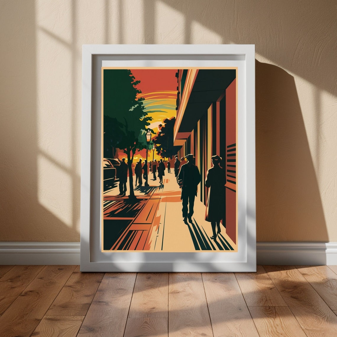 Retro City Street Sunset Crowd Silhouette Urban Scene Poster