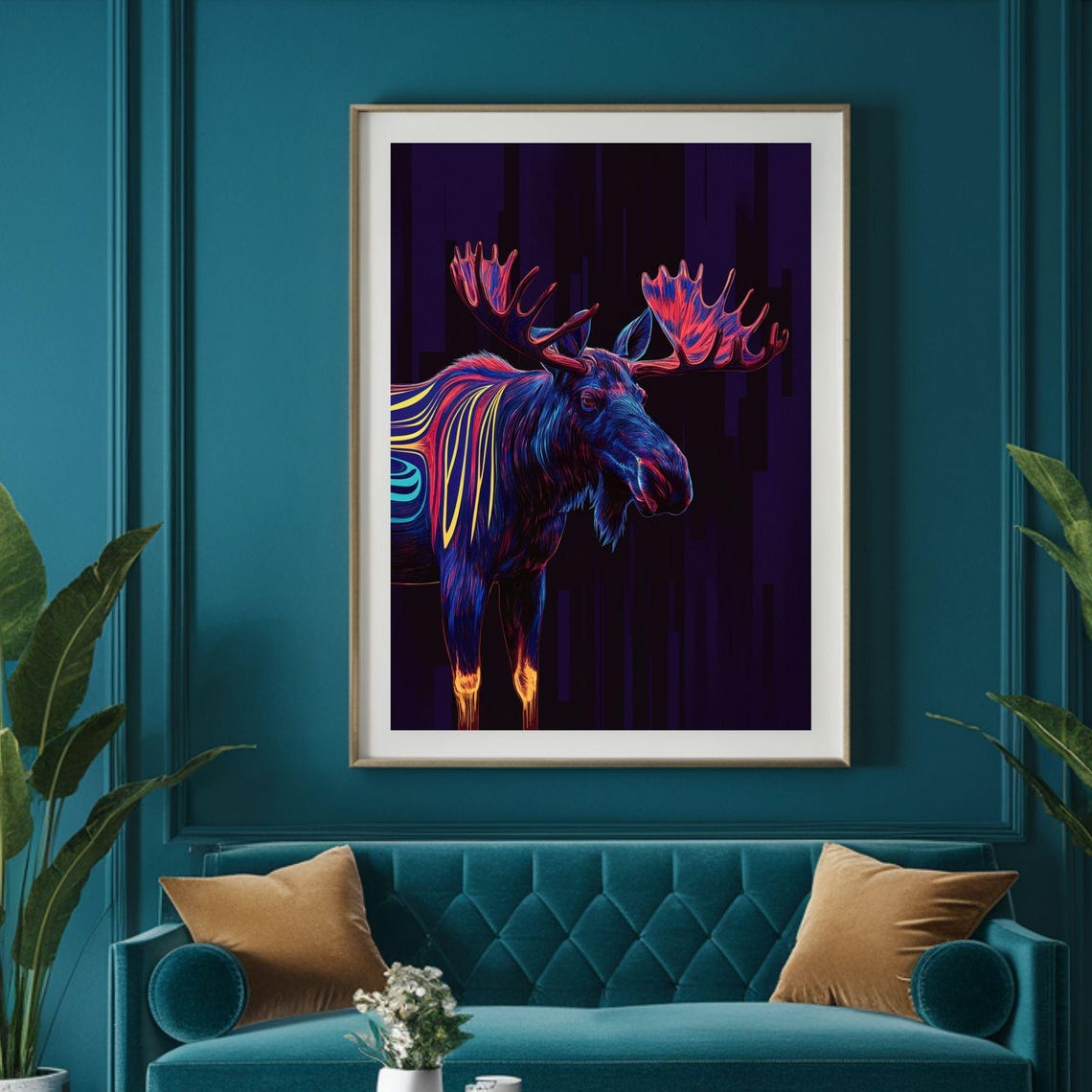 Neon Blue Moose Antlers Dark Purple Wildlife Abstract Poster - Image 4