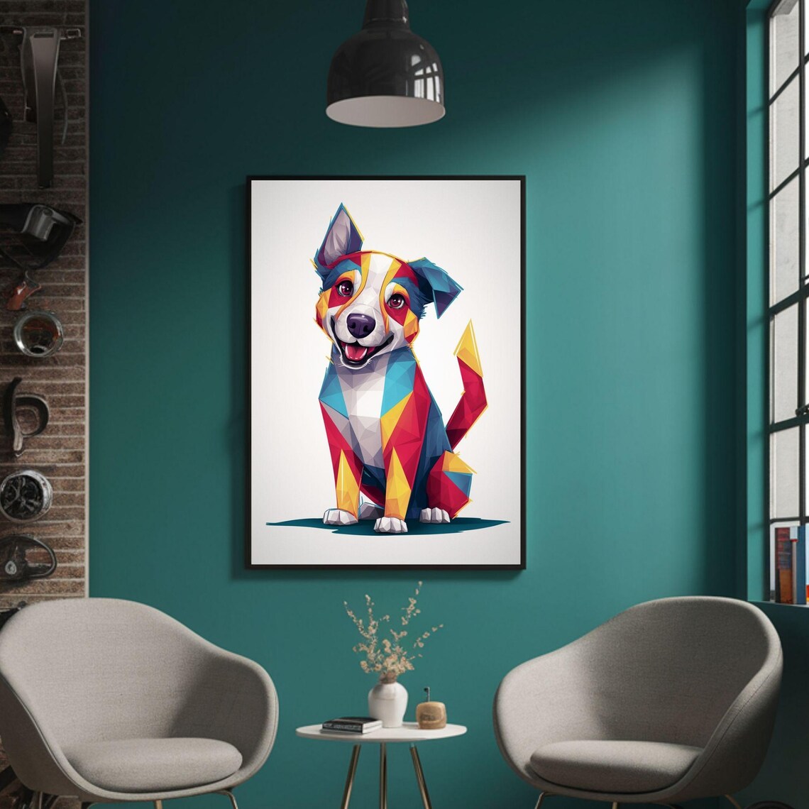 Cheerful Smiling Puppy Geometric Colorful Pet Portrait Poster - Image 3