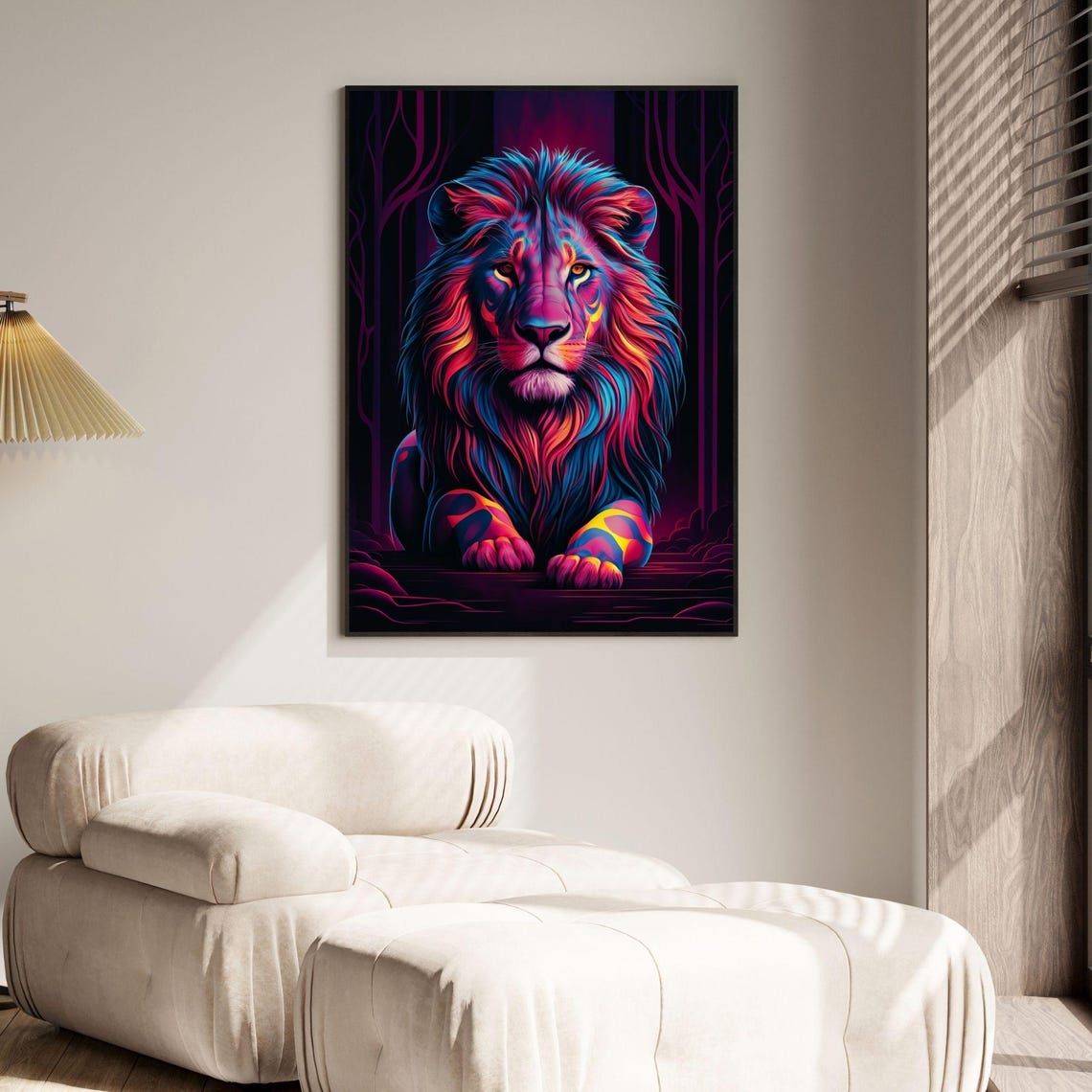 Neon Pink Lion Forest Night Colorful Abstract Wildlife Poster - Image 4