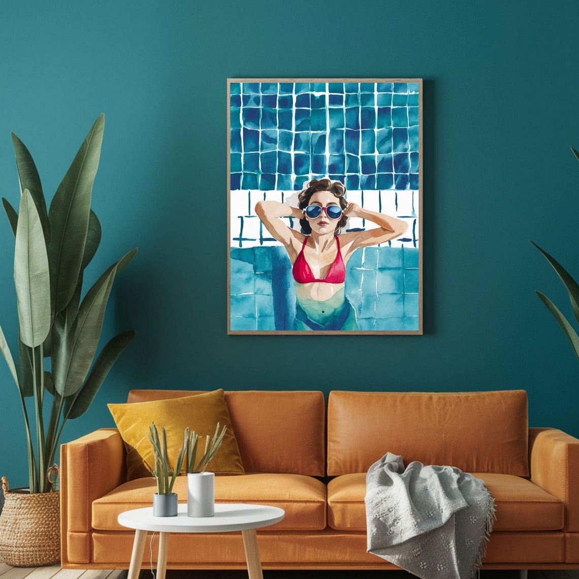 Woman In Red Bikini Sunglasses Blue Tile Pool Watercolor Poster - Image 2