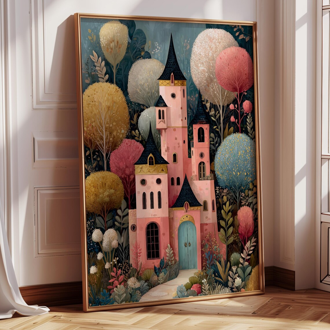 Pink Fairytale Castle in Whimsical Fantasy Forest Dreamy Poster