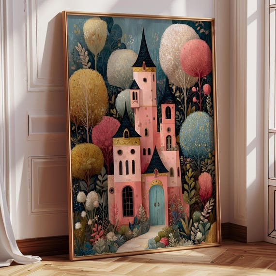 Pink Fairytale Castle Wall Art Print Whimsical Paletteknife Painting Pastel Nursery Kids Room Decor Princess Chteau Poster