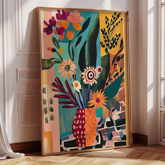 Abstract Floral Wall Art Print Vibrant Botanical Decor Midcentury Modern Inspired Flower Painting Eclectic Home Gallery