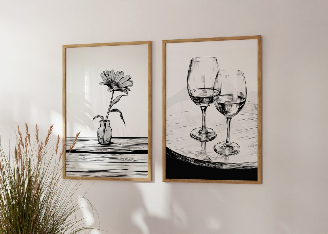 Two Wine Glasses Minimalist Black and White Sketch Art Print - Image 2