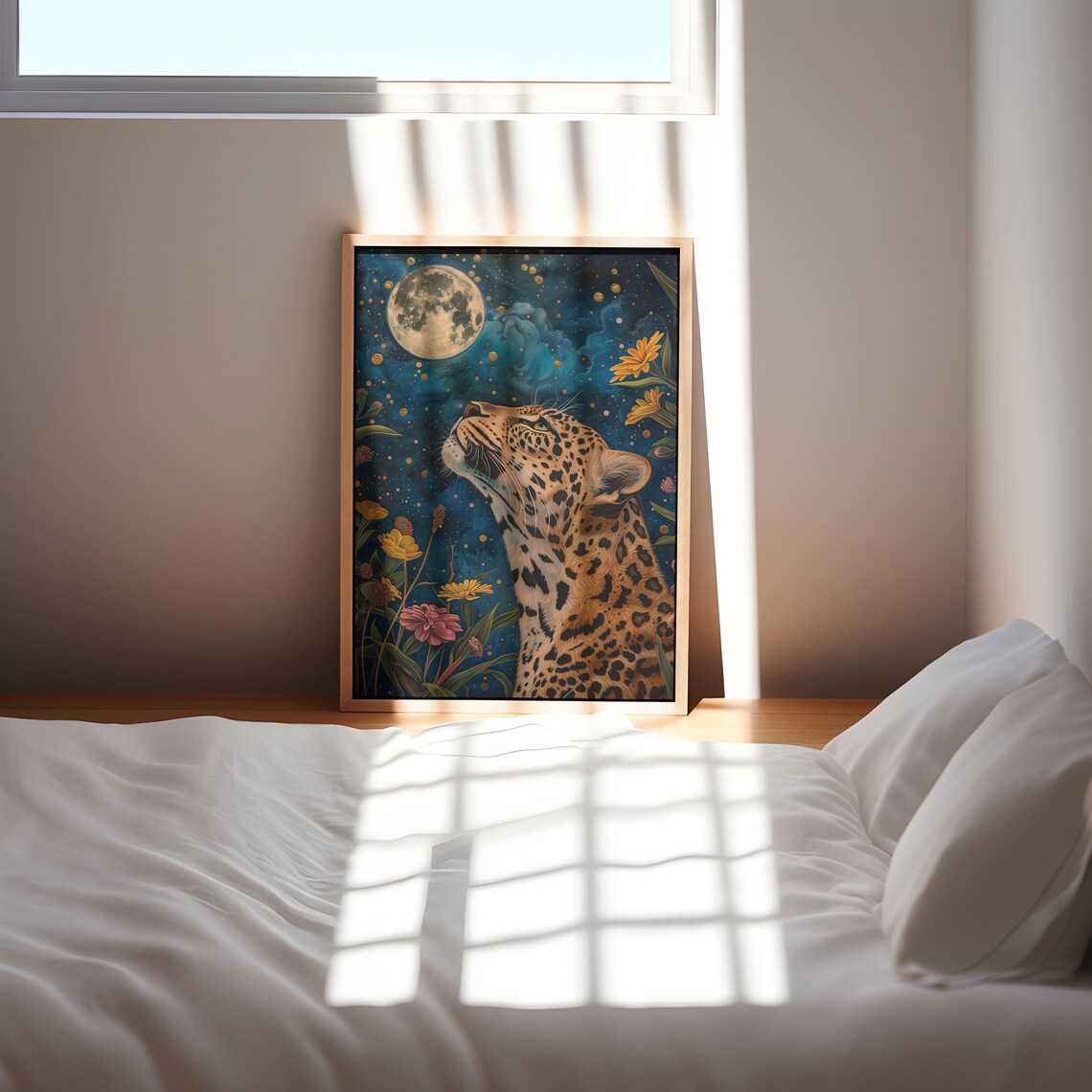 Leopard In The Wildflowers Gazing At The Full Moon Art Print - Image 2