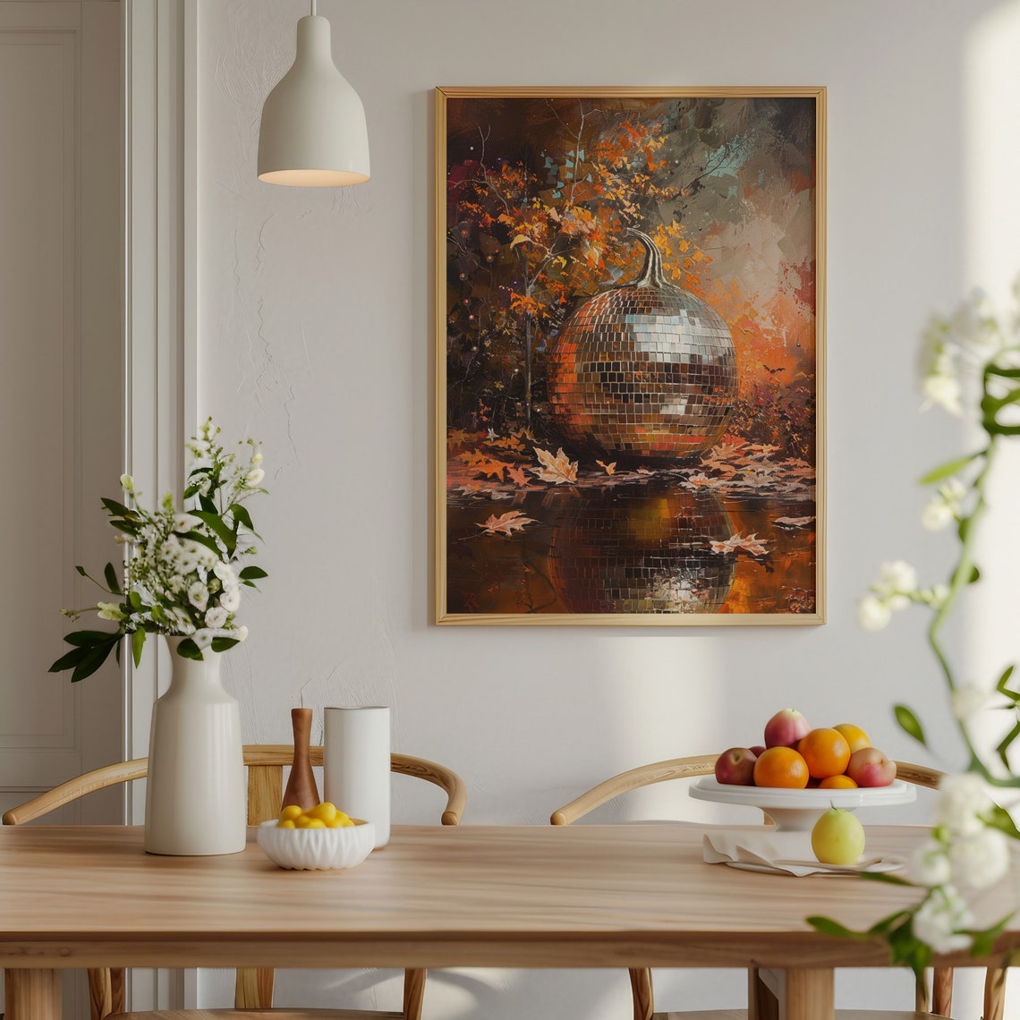 Glittering Disco Ball Pumpkin Among Autumn Leaves Fall Wall Art - Image 2