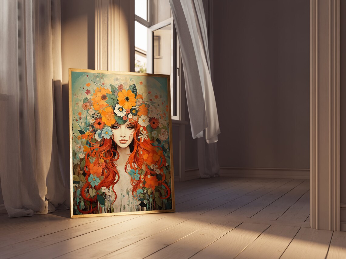 1960s Bohemian Woman And Flowers Art Print - Image 2