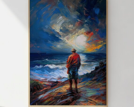 Moonlit Sea Watcher Impressionist Ocean Oil Painting Art Print